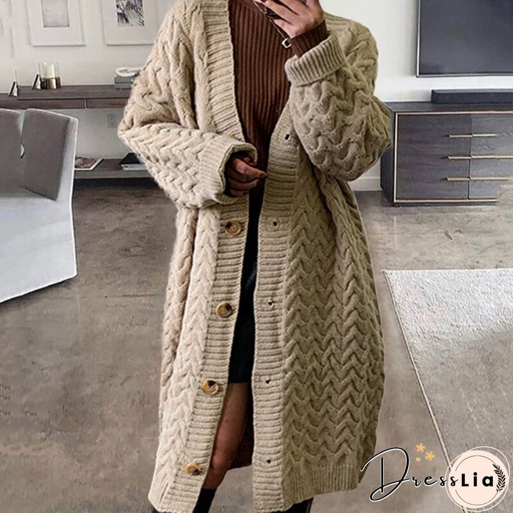 Fall Winter Warm Thick Wool Solid Outerwear Women Fashion Vintage Single Breasted Jackets Knitted Long Sweater Ladies Cardigan