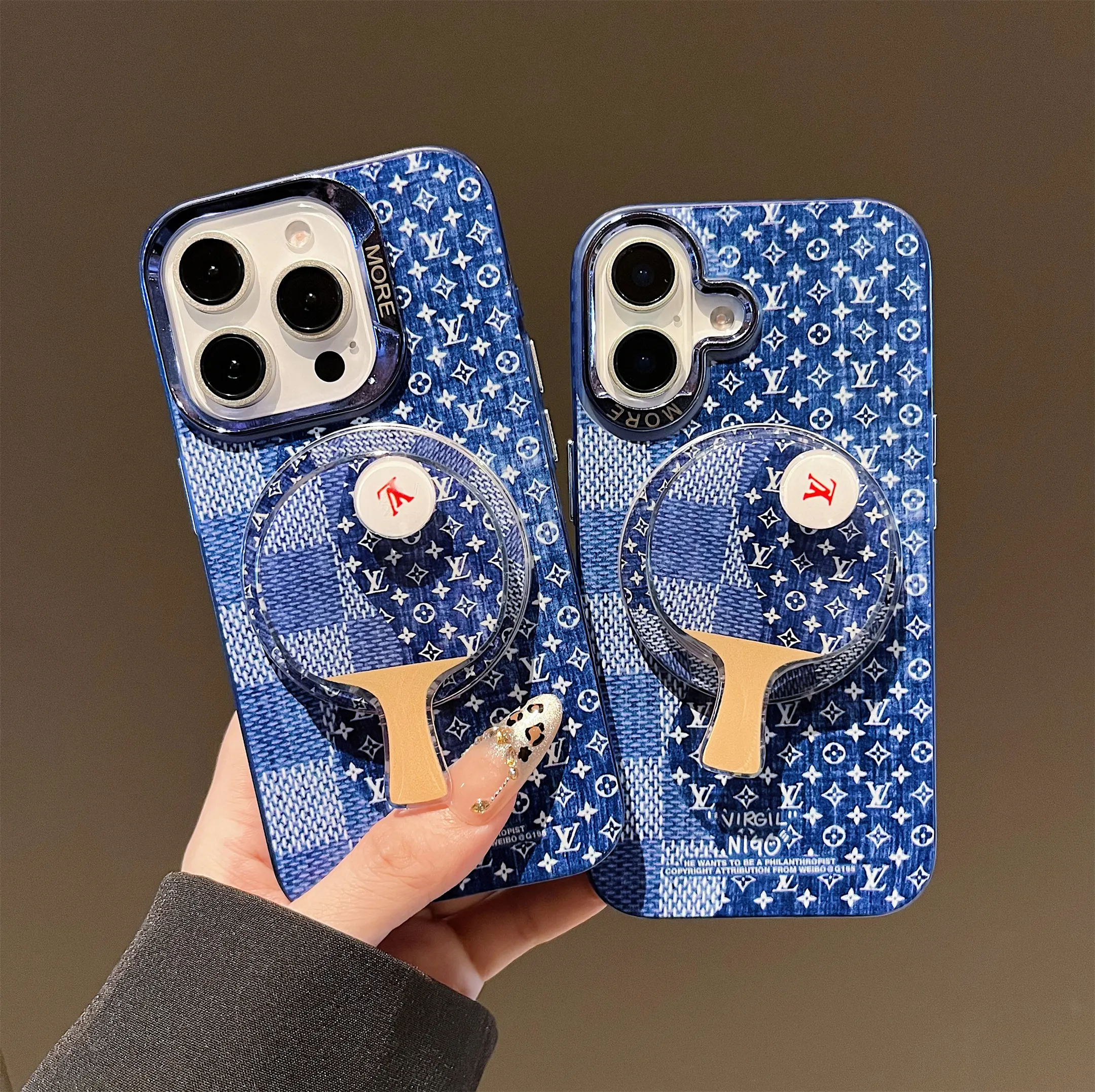 MagSafe Rotating LV Stand Blue Checkerboard Monogram Apple iPhone Case
