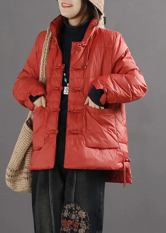 Red Loose Duck Down Puffer Jacket Chinese Button Winter