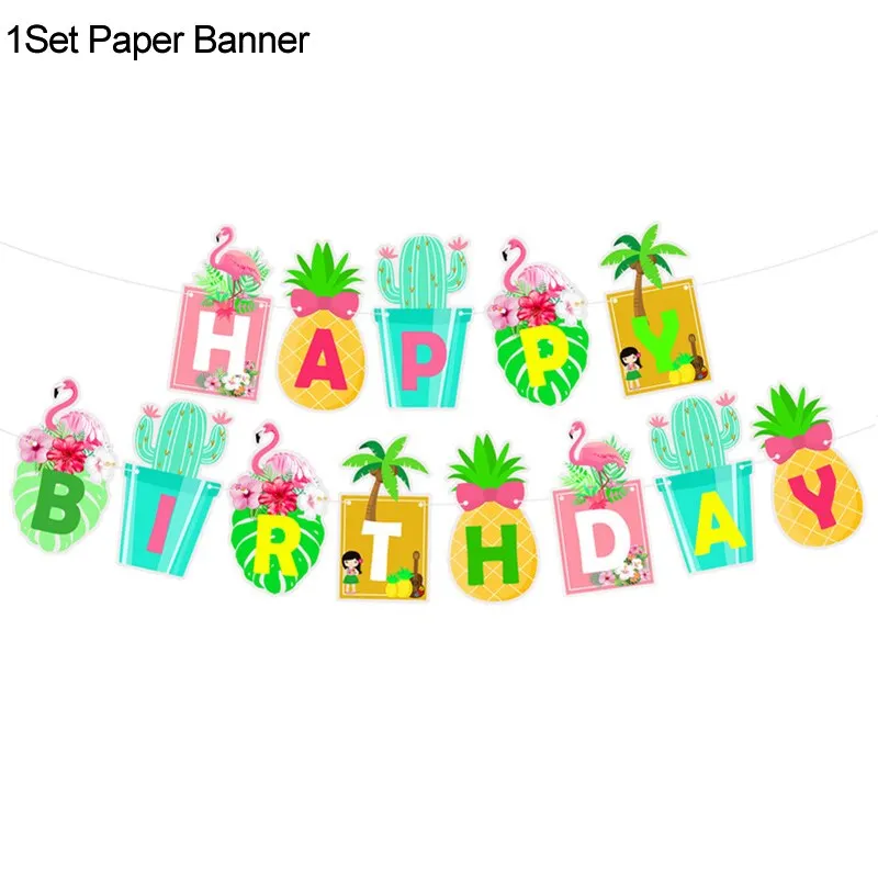 Hawaii Aloha Happy Birthday Banner Flamingo Hawaiian Tropical Party Decor Luau Summer Party Supplies Latex Balloons Cake Toppers