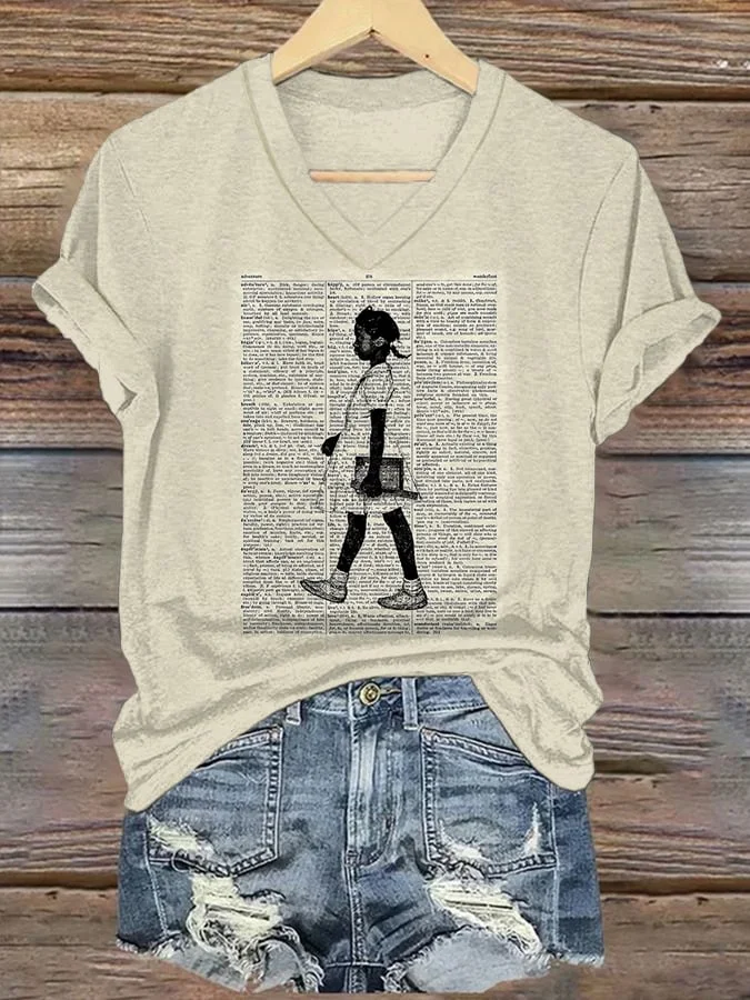 Women's Black Girl Printed Short-Sleeved T-Shirt 