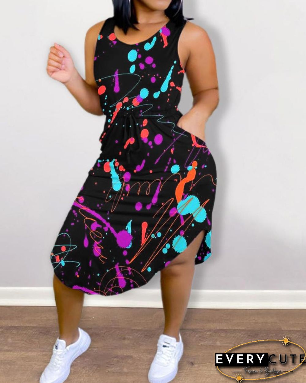 Ink Splash Print Strap Sleeveless Slim Midi Dress
