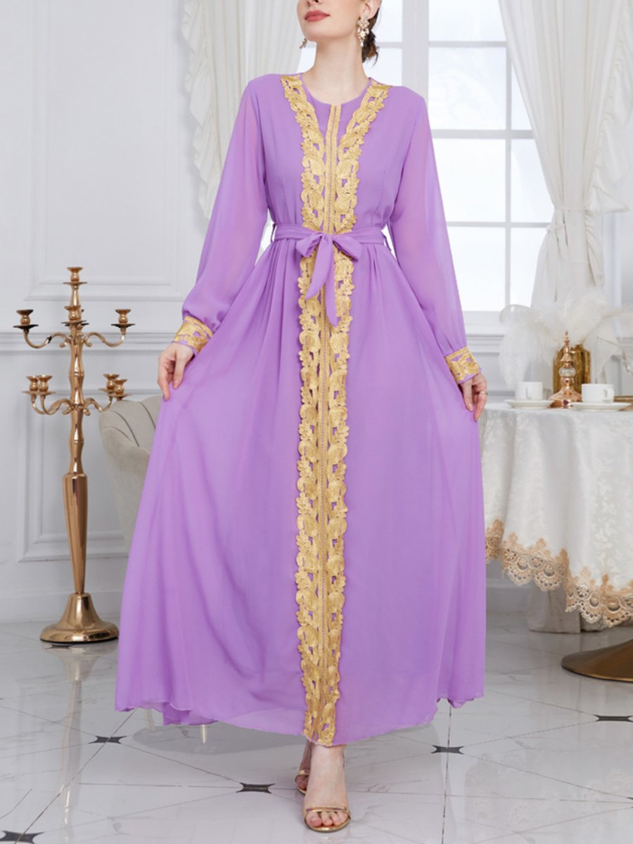 Golden Lace Chiffon Bind Design Round Neck Long Sleeve Elegant Gown | Oxredo Shop Ramadan Sale