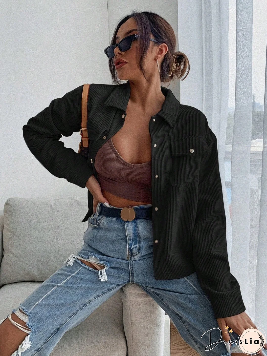 Honey Pocketed Collared Neck Snap Down Jacket