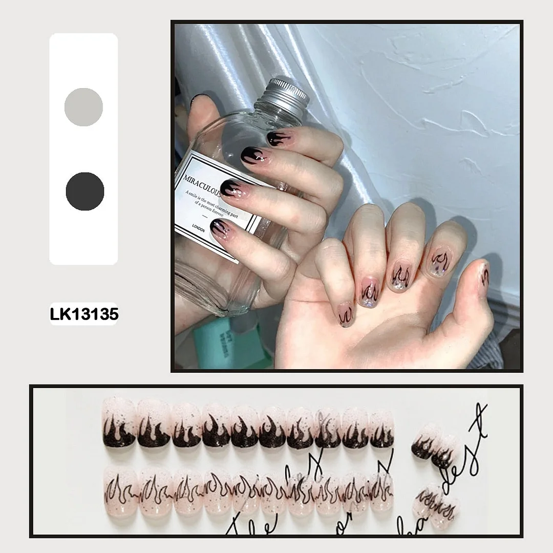 24PCS Dark Punk False Nails with Glue Gradient Long Detachable Fire Stick on Nails Skull Flame  Art DIY Fashion Manicure Tool-Nail Inspo