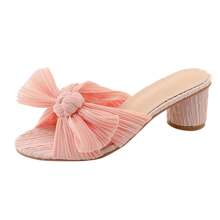 Pleated Bow Open Toe Chunky Block Heel Sandals