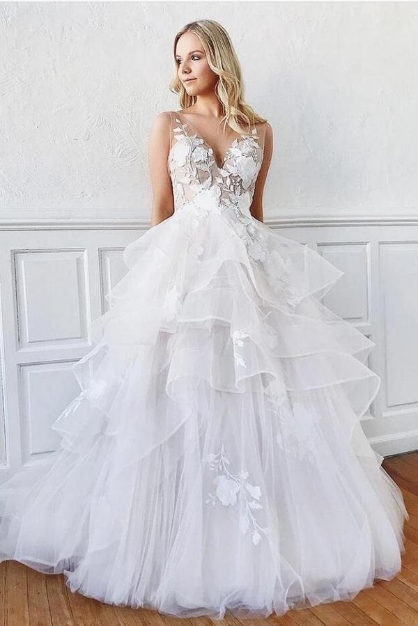 Romantic V-Neck Spaghetti Straps Long Wedding Dress With Lace A-line | Ballbellas Ballbellas