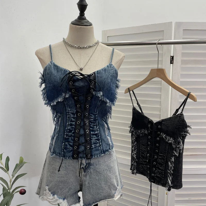 Uveng Real Shooting Do The Old Fur Side Of The Denim Splicing Pu Skin Lace Sling Vest Short Without Sleeve Top 618