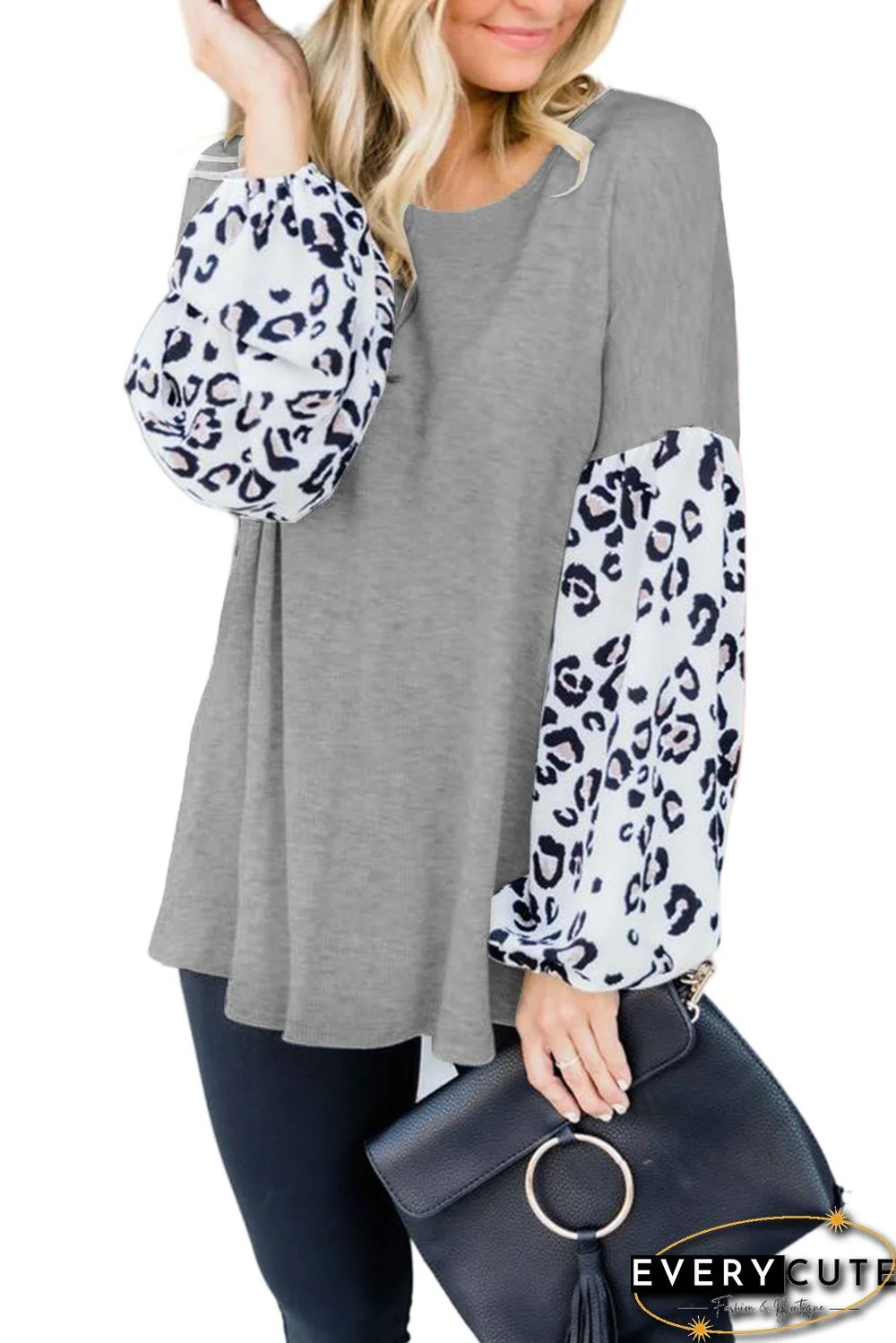 Heather Grey Leopard Print Balloon Sleeves Top