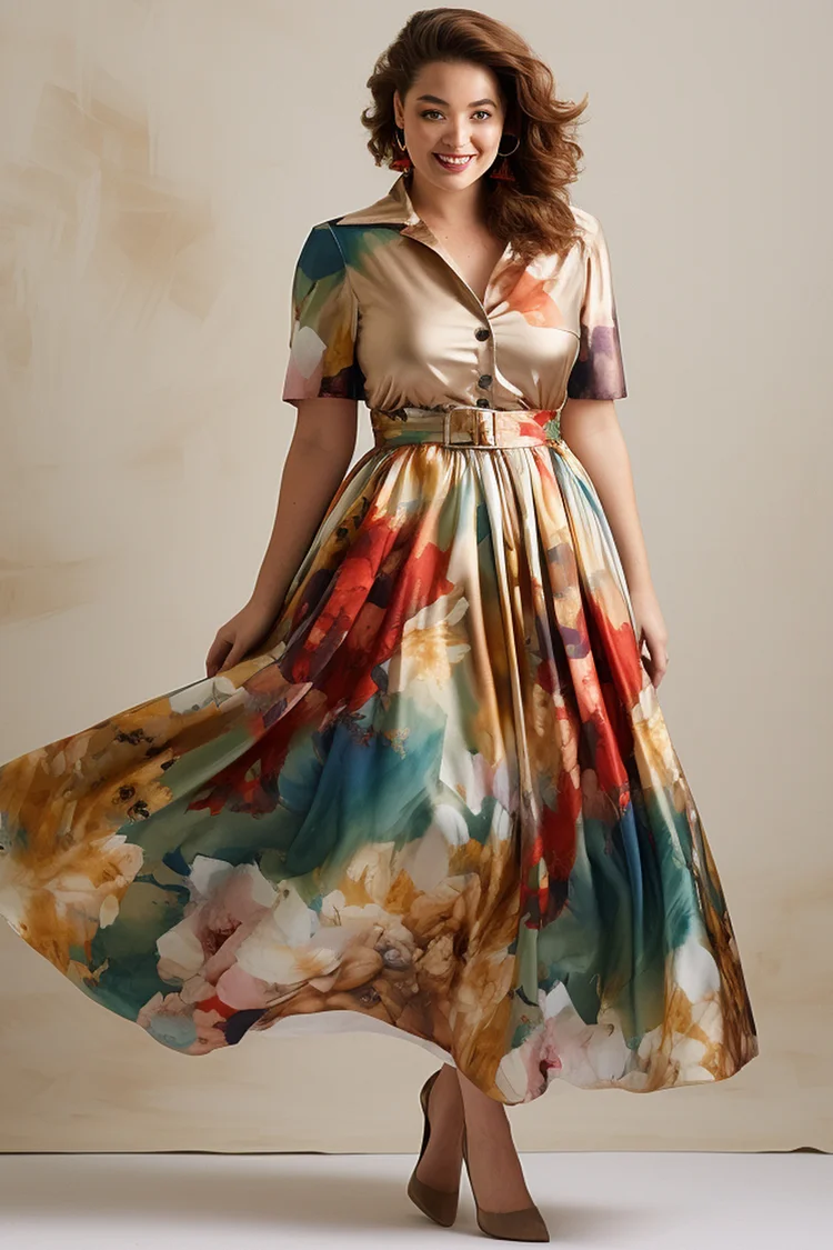 Flycurvy Plus Size Wedding Guest Retro Satin Floral Print Turndown Collar With Belt Maxi Dress  Flycurvy [product_label]