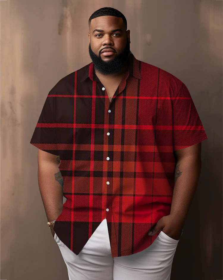 Men's Large Size Casual Red Diagonal Stripe Lapel Short Sleeve Shirt