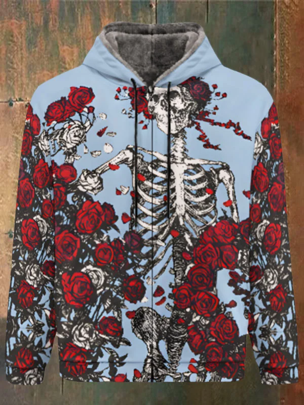 Unisex Skull Print Double Layer Fleece Zip-Up Hooded Jacket