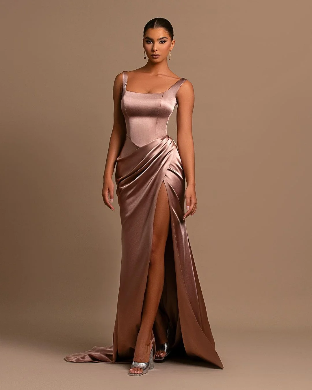 Miabel Luxury Straps Square Slit Prom Dress With Chic Pleats