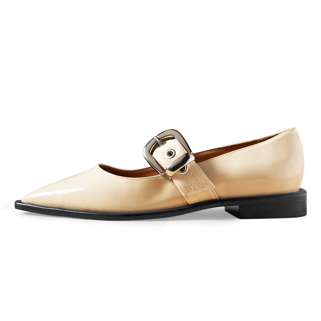 Beige Patent Buckle Strap Pointed Toe Flat Mary Jane Shoes for Women