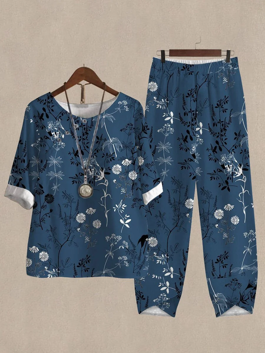 Botanical Floral Print Top And Pants Two-piece Suits