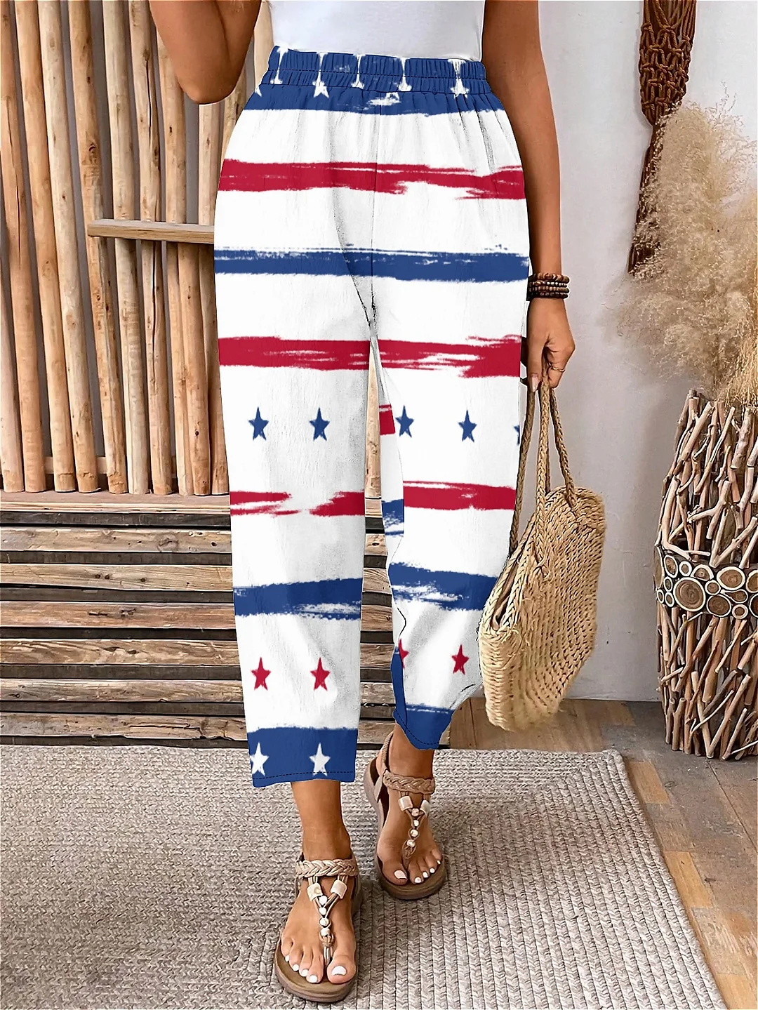 Plus Size Elastic Waist American Flag,Blue,Red,Striped,Star Printed Pants