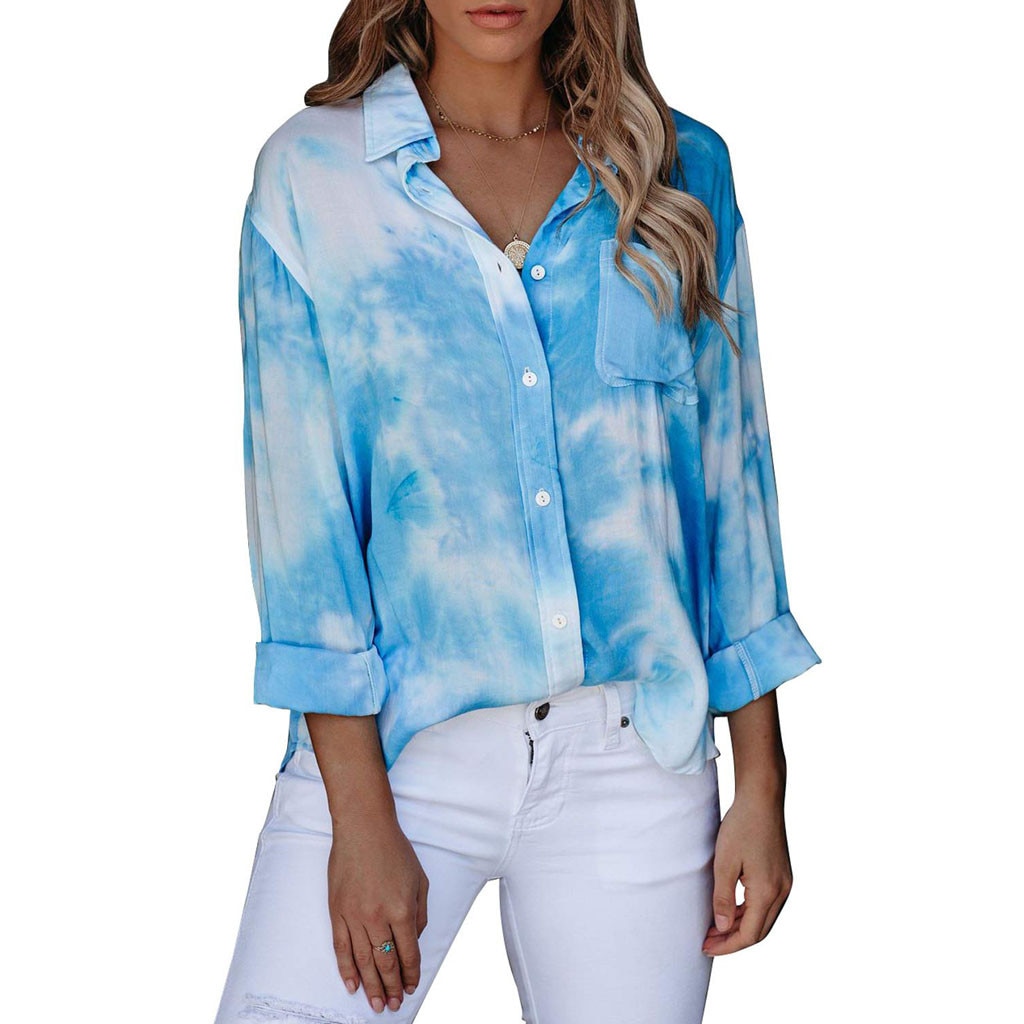 Fashion Women Blouses Tie-dye Printed Long Sleeve Button Turn-down Collar Top Blouse