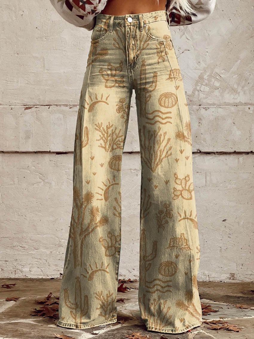 Women's Yellow Western Print Casual Wide Leg Pants