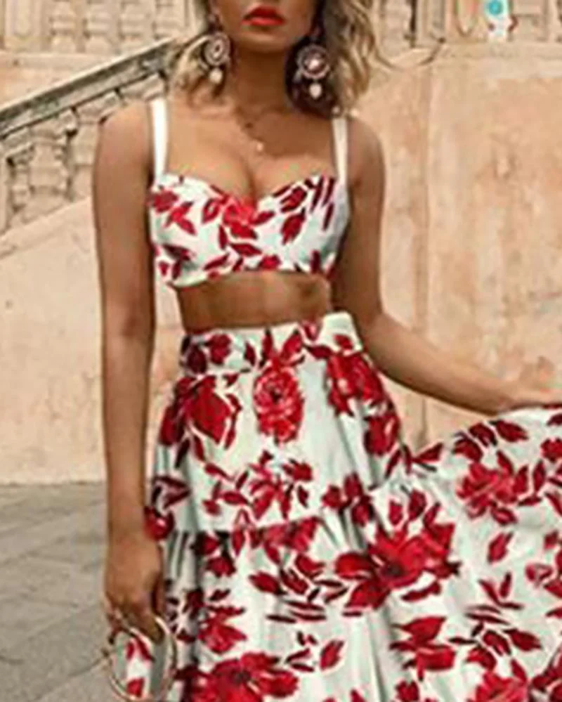 Sexy Off Shoulder Midriff-Baring Floral Printed Top Skirt Set