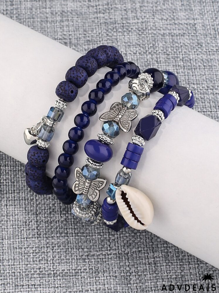 4pcs Shell & Heart Charm Beaded Bracelet