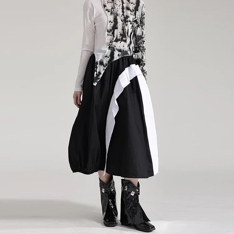 Irregular Black and White Color Block High Waisted Skirt - yankia
