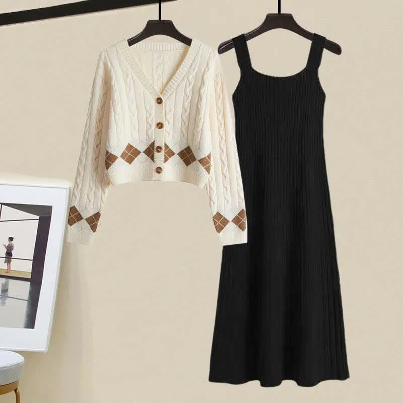Rhombus Print Cardigan Sweater Slip Dress Two Pieces