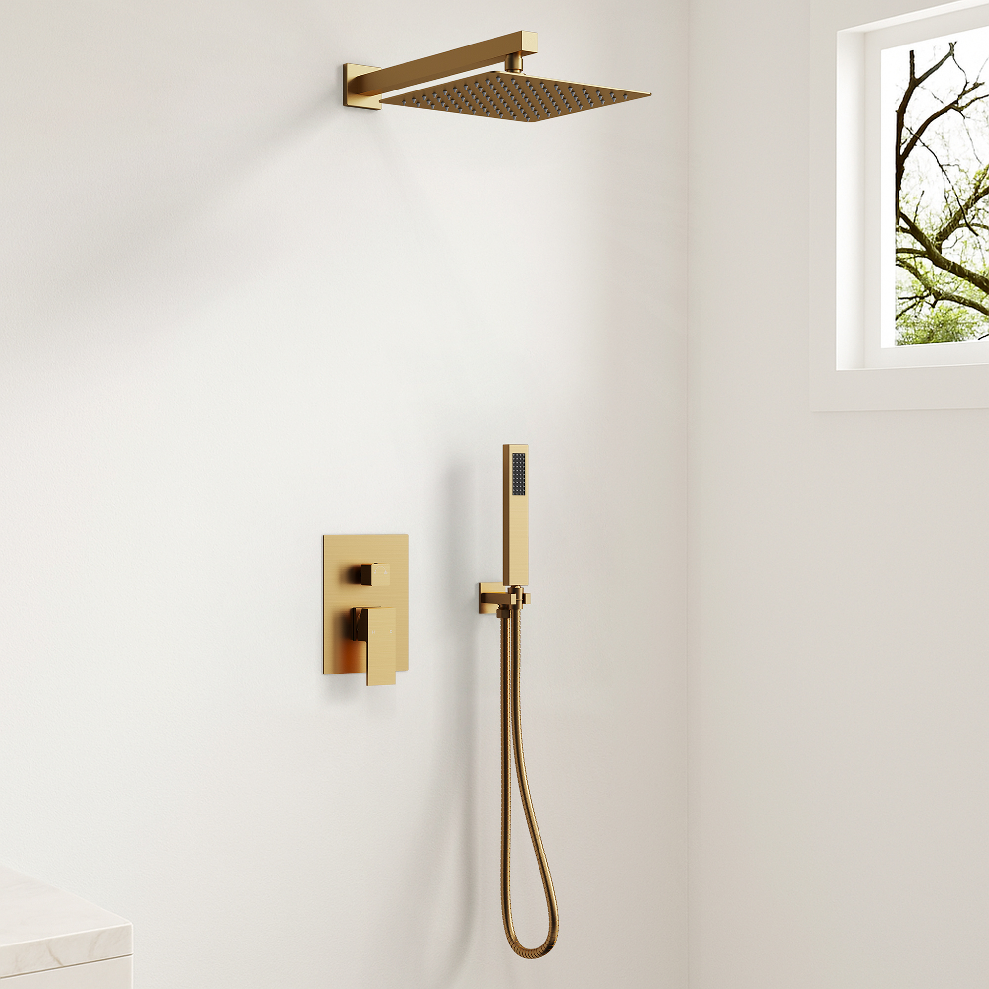 Shower System Shower Faucet with Valve - Rain Shower Head with Handheld Spray Wall Mounted Bathroom Rainfall Overhead Shower System Shower Set Combo Shower Valve Trim Kit Brushed Gold Shower Fixtures