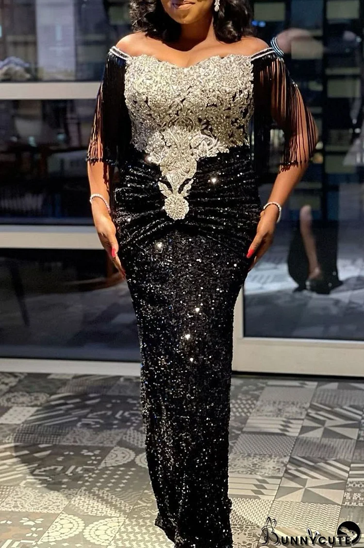 Black Elegant Solid Tassel Sequins Split Joint Appliques Off the Shoulder Straight Dresses