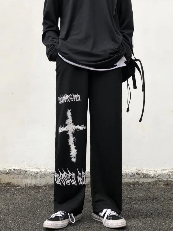 Street Fashion Goth Cross & Letter Printed Straight Pattern Loose Pants