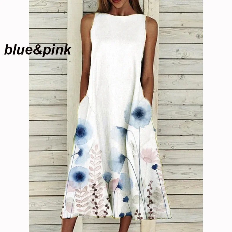 Dress 2022 O Neck Flower Print Summer Dresses For Women Fashion Pocket Sleeveless Dress Female Casual Loose Party Dress