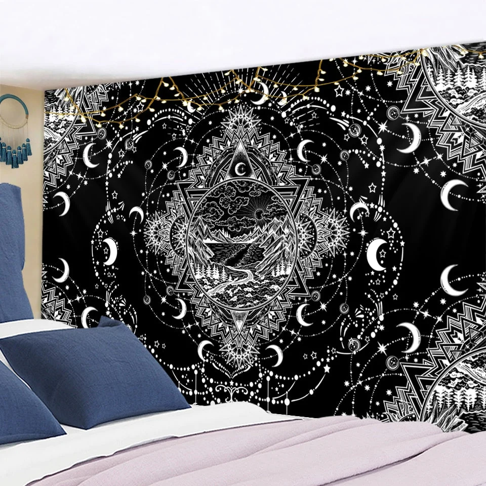 Tarot Card Mandala Tapestry White Black Sun And Moon Tapestry Wall Hanging Hippie Wall Rugs Dorm Decor Blanket
