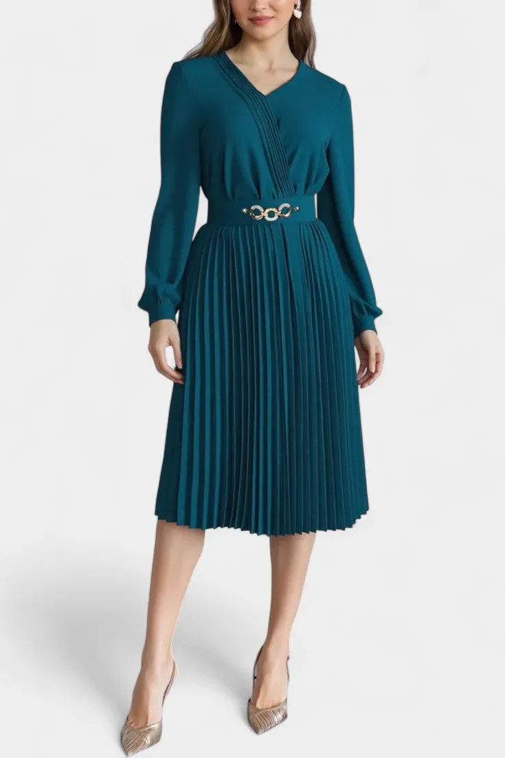 Structured Pleated Midi Dress with V-Neck and Belt