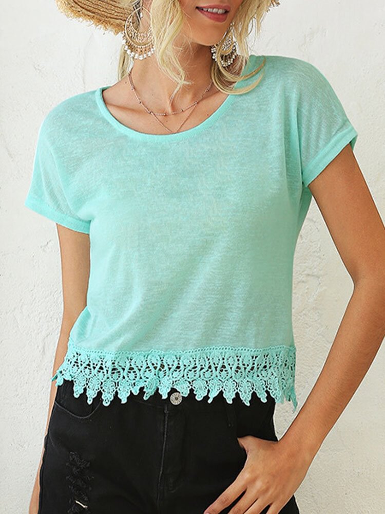 Solid Color O neck Patchwork Hollow Short Sleeve Women T shirt P1857570