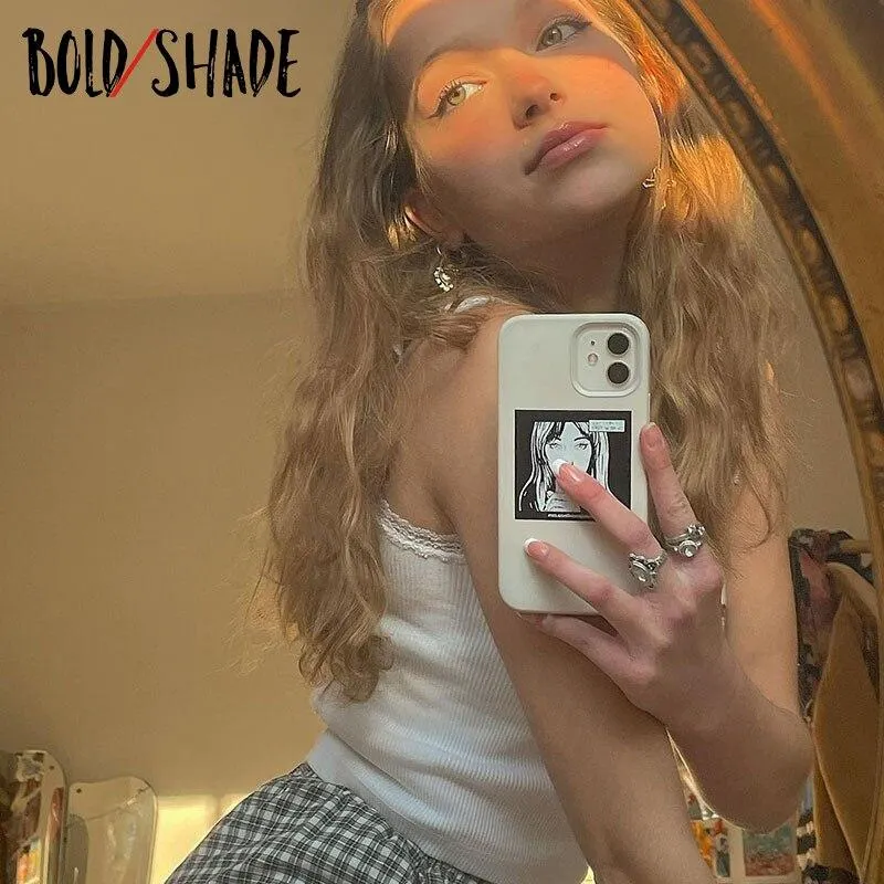 Bold Shade Soft Girl Graphic Lace Trim Tank Tops Indie Aesthetic White Ribbed Women Crop Top 2021 Sleeveless Vintage Streetwear