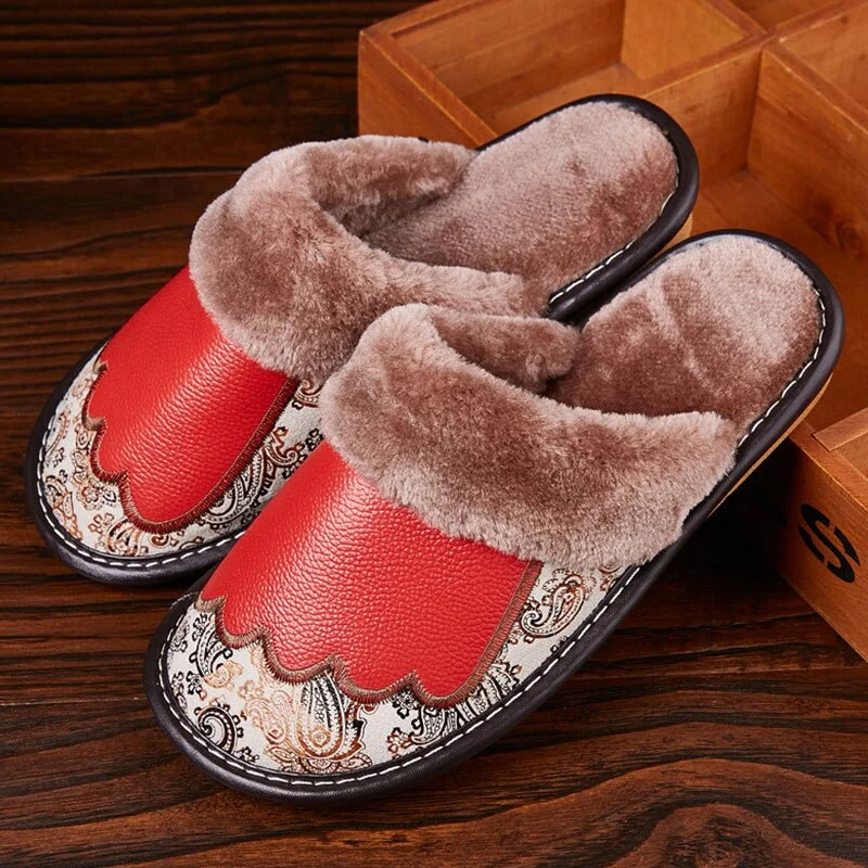 Genuine Leather Slippers Women Luxury Velvet Fur Slippers Pattern House Slippers Winter Indoor Slippers Living Soft Shoes Women