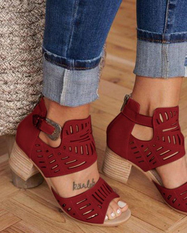 Chunky Heel Cutout Fish Mouth Sandals