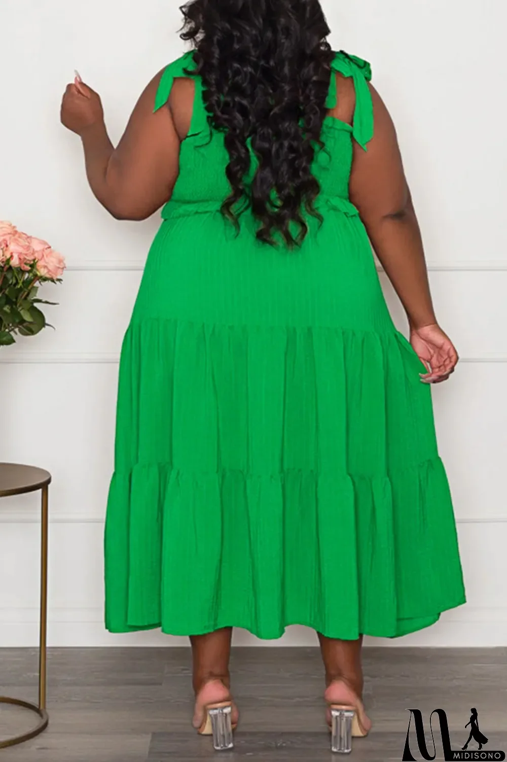 MidiSono - Pink Casual Sweet Solid Bandage Patchwork Fold Spaghetti Strap Sling Dress Plus Size Dresses