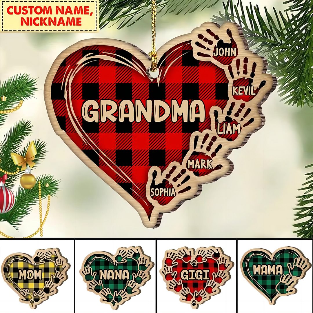 Grandma Mom Heart Hand Print Personalized Wood Ornament