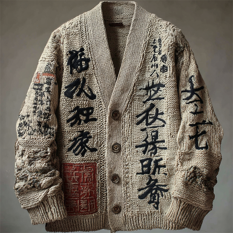Japanese Calligraphy Art Embroidered Cozy Knit Cardigan  artssus
