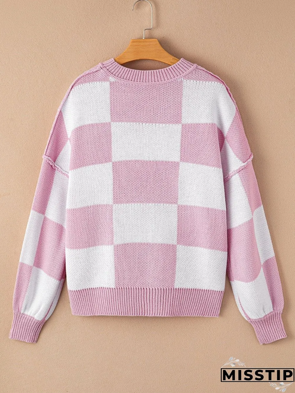 Checkered Pattern Knit Sweater for Women