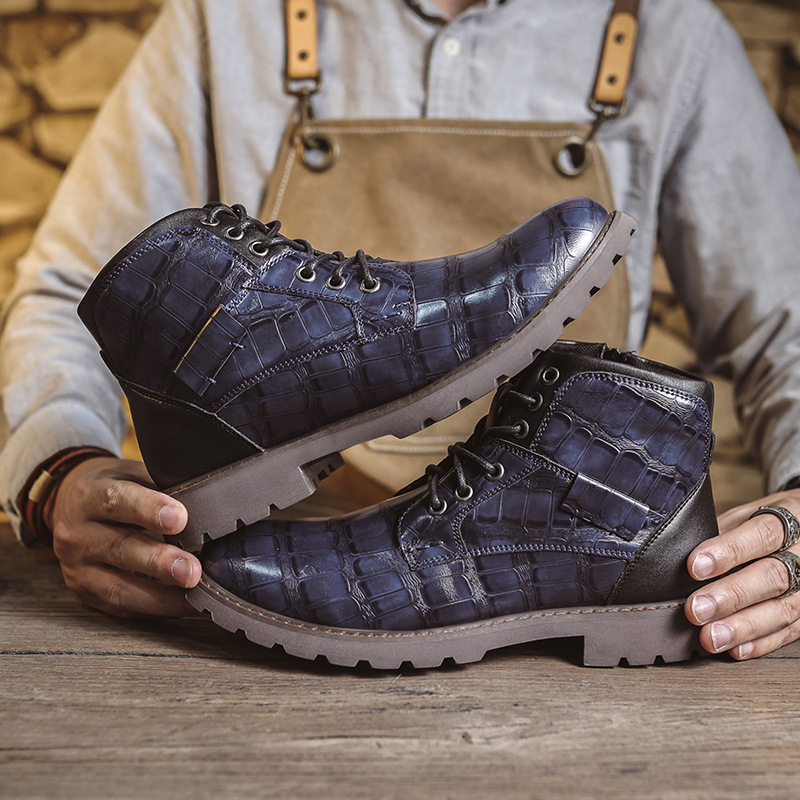 Men's Waterproof Wear-resistant Stitching Lace-up Crocodile Pattern Upper Low-cut Work Boots