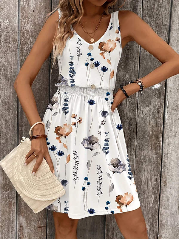 Buttoned Elasticity Flower Print A-Line Loose V-Neck Mini Dresses