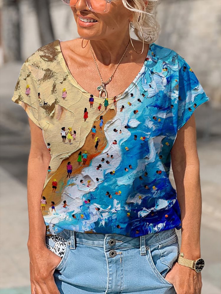 Women's Crew Neck Multicolor Beach Tourist Print Short Sleeve T-Shirt