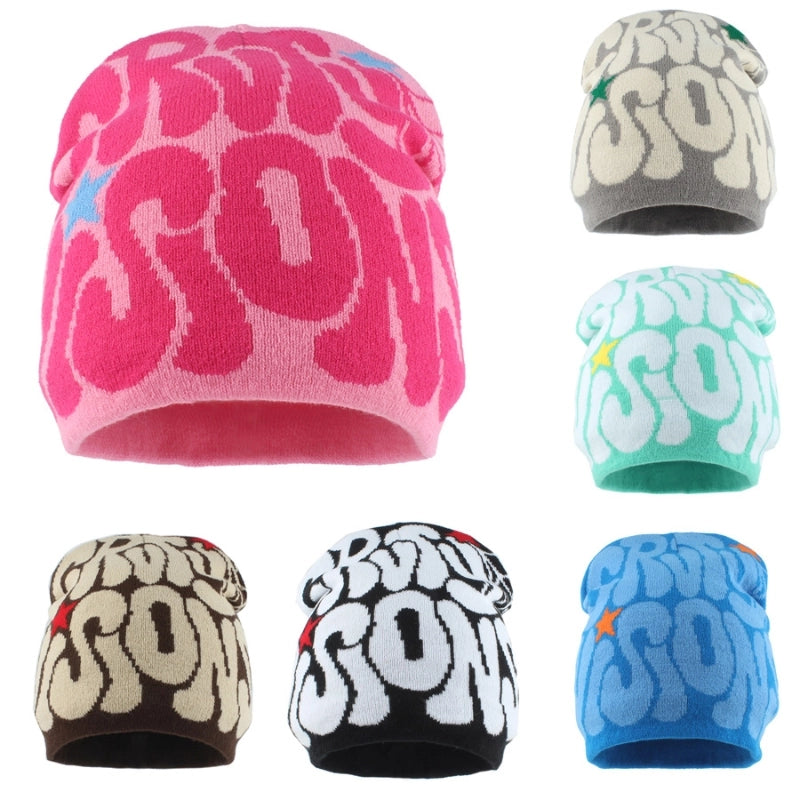 In Stock Letter Jacquard Knitted Hat Pullover Beanie Hat Gothic Hip Hop Wool Hat Autumn Winter Spider Web