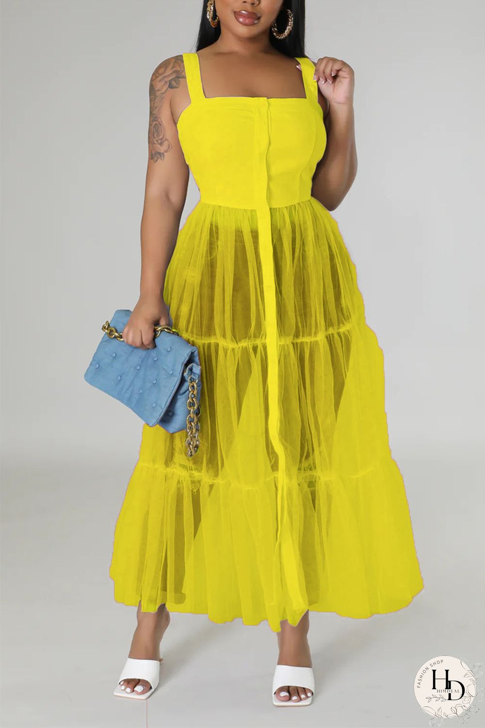 Yellow Casual Simplicity Solid Patchwork Fold Mesh Spaghetti Strap High Waist Tops