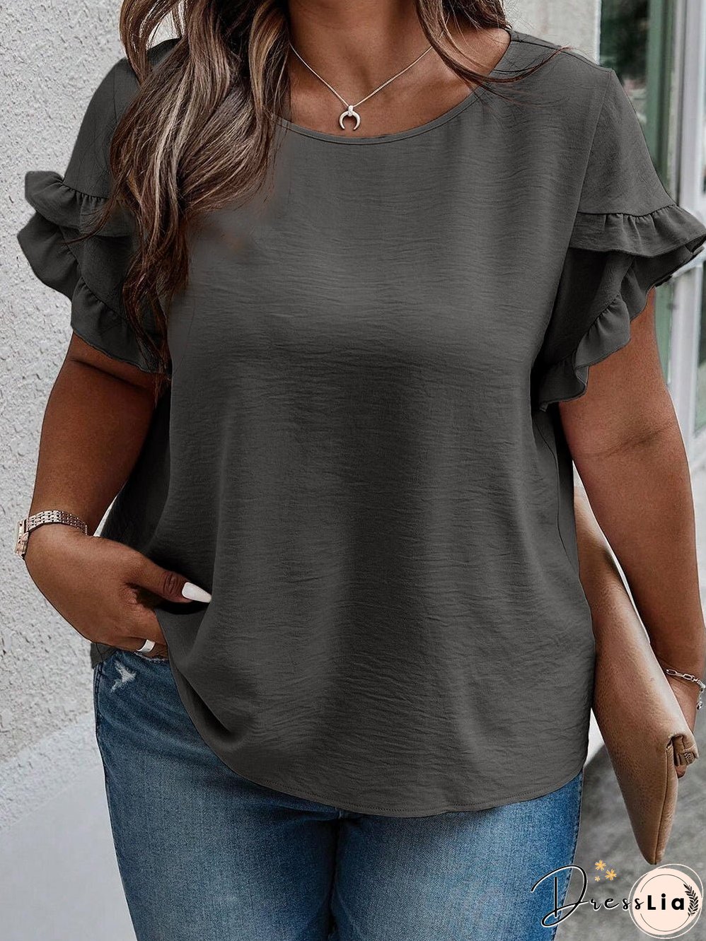 Dark Grey Ruffled Short Sleeve Plus Size Top