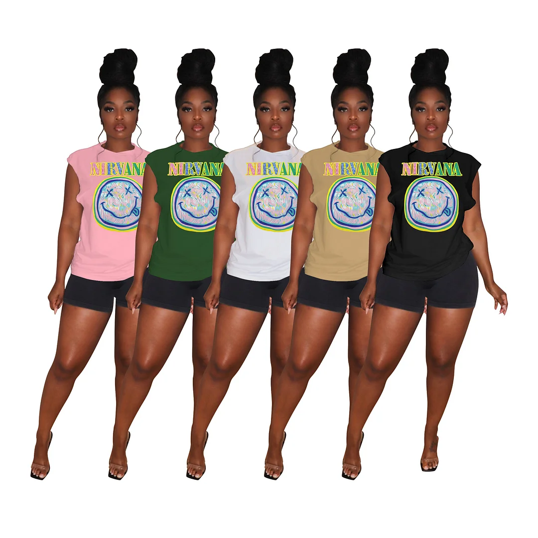 Fashionable Smiley Face Print Round Neck Sleeveless T-shirt | IFYHOME