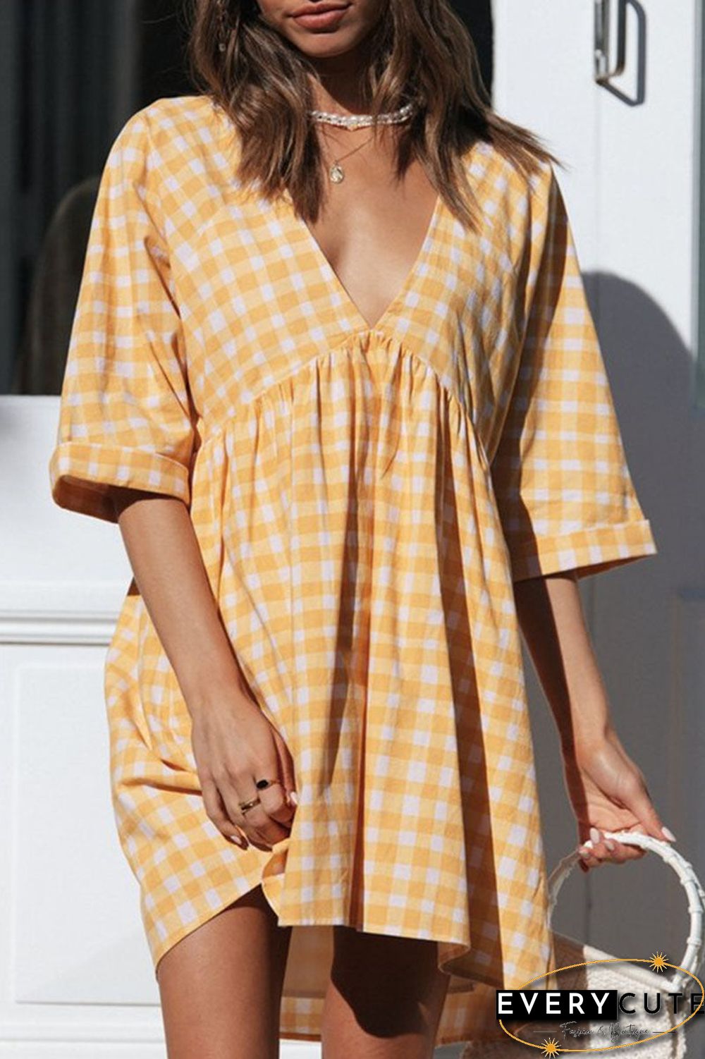 Fashion Casual Plaid Split Joint V Neck Princess Dresses