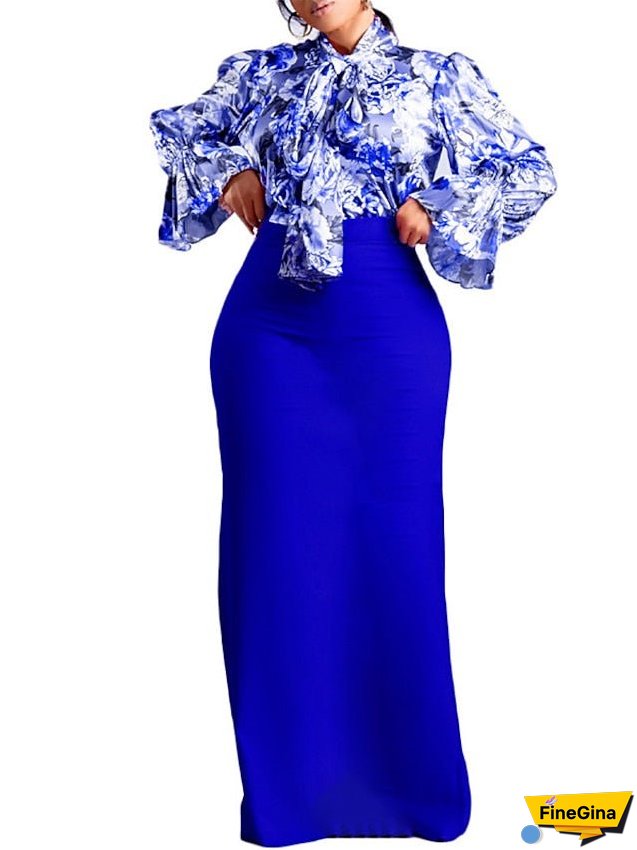 Work Dress Two Piece Dress Sheath Dress Long Dress Maxi Dress Pink Blue Fuchsia Long Sleeve Floral Lace up Winter Fall Spring Stand Collar Fashion S M L XL 2XL 3XL for Women