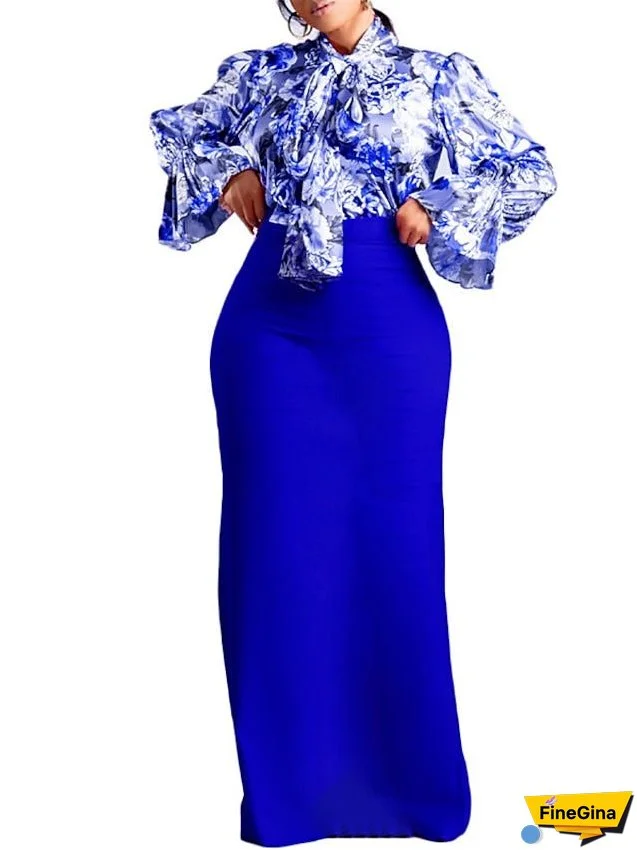 Work Dress Two Piece Dress Sheath Dress Long Dress Maxi Dress Pink Blue Fuchsia Long Sleeve Floral Lace up Winter Fall Spring Stand Collar Fashion S M L XL 2XL 3XL for Women